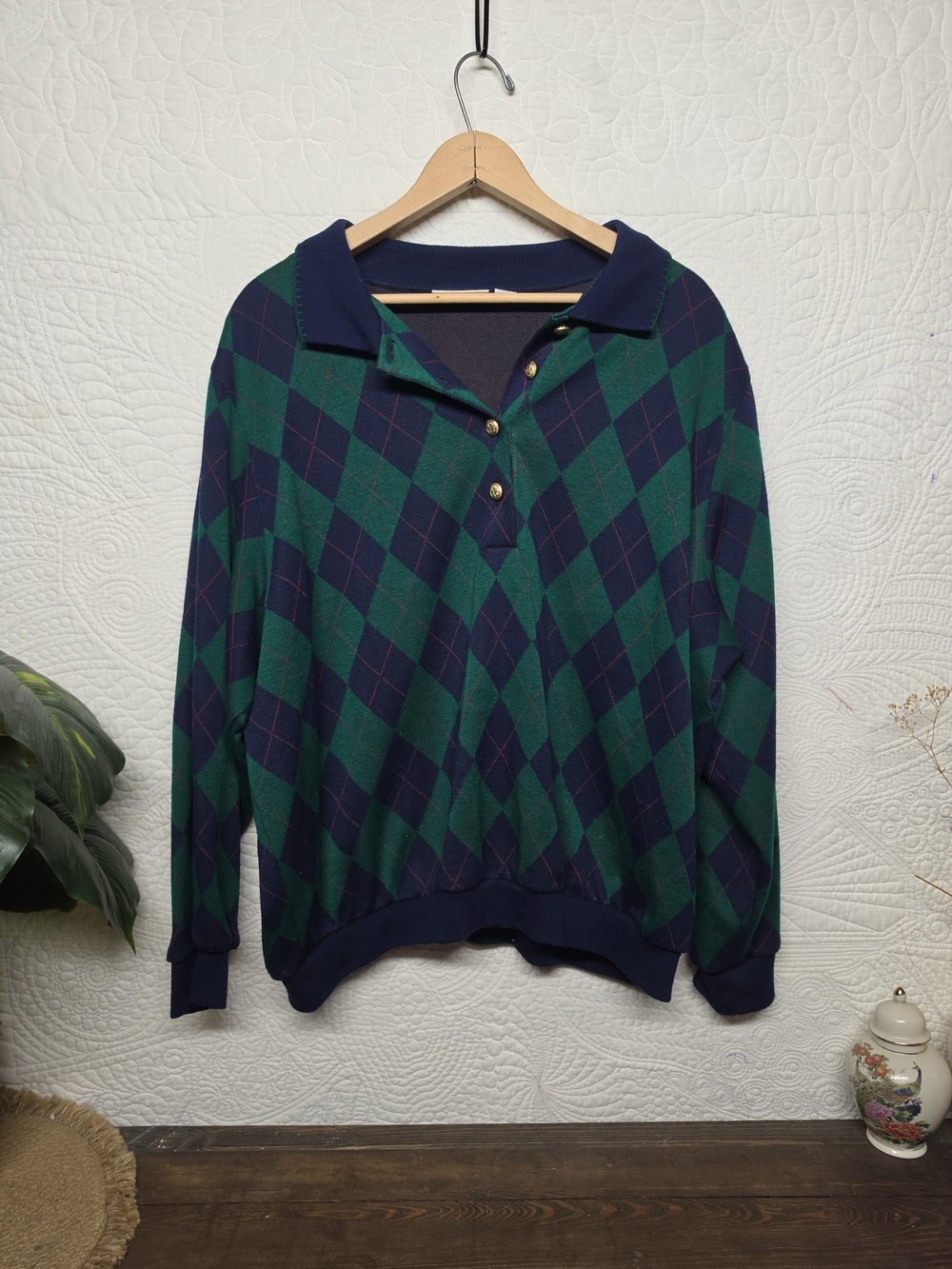 Alfred Dunner Navy and Green Argyle Polo Sweater